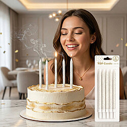 Silver Glitter White Cake Candle Set - 15 cm (6 Pieces) - Kikajoy