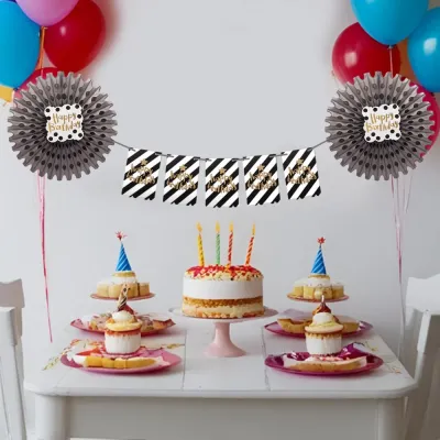 Silver Happy Birthday Paper Fan Decoration Set - 1