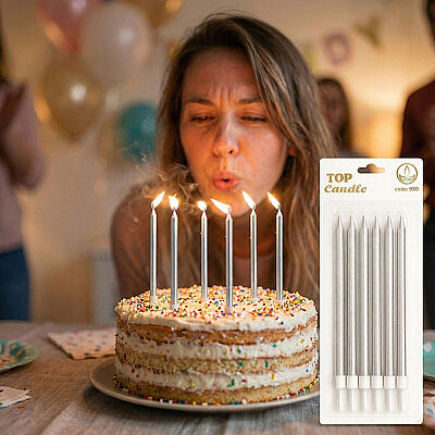 Silver Long Birthday Candle Set - 15 cm (6 Pieces) - 1