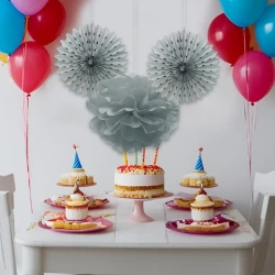 Silver Paper Fan / Pompom Decoration Set - 1