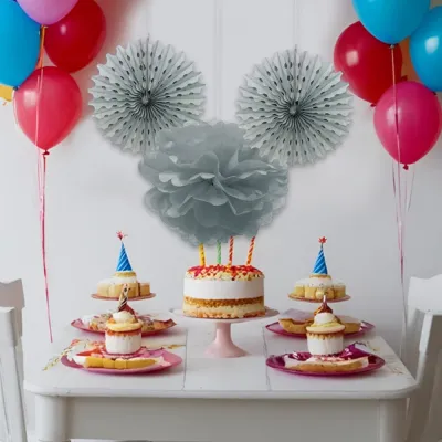 Silver Paper Fan / Pompom Decoration Set - 1