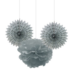 Silver Paper Fan / Pompom Decoration Set - 2
