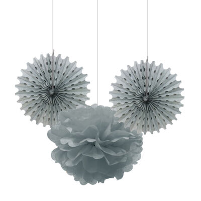 Silver Paper Fan / Pompom Decoration Set - 2