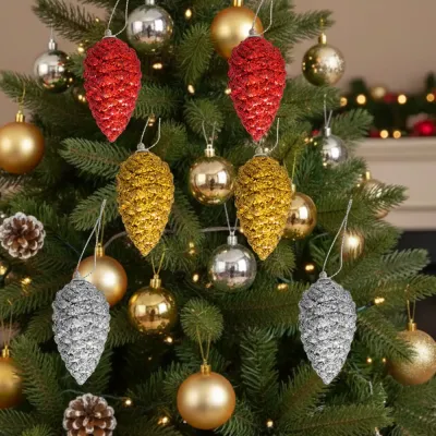 Yılbaşı Simli Kozalak Ağaç Süsü 6 cm 6 lı - 1